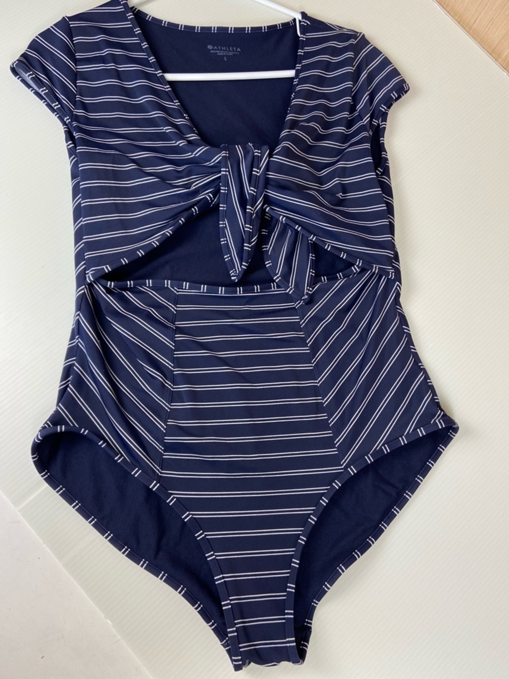 Athleta Navy Blue and White Striped Active Wear Swimsuit Adjustable Tie Front